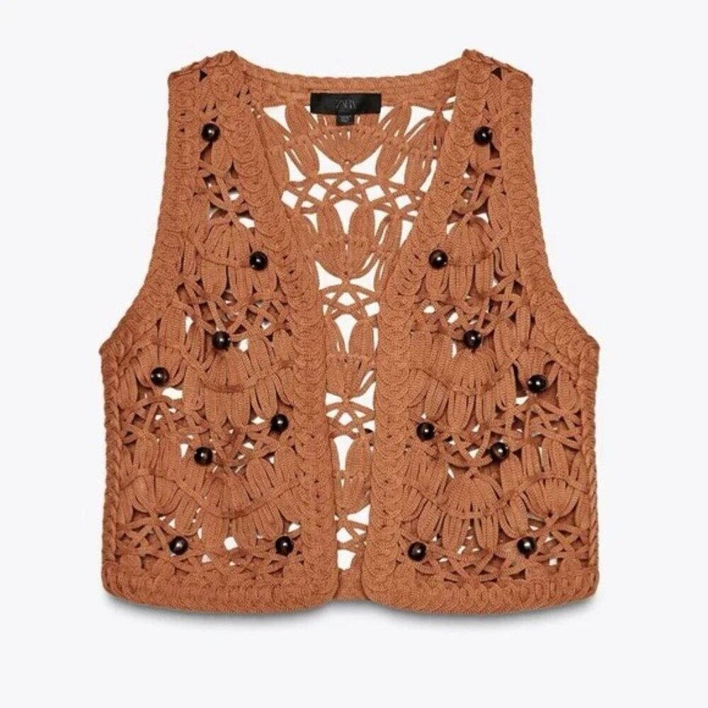 [🌟 PRICE FIRM] 🌞 ZARA Beaded Knit Vest Macrame Terracotta Rust Crochet S